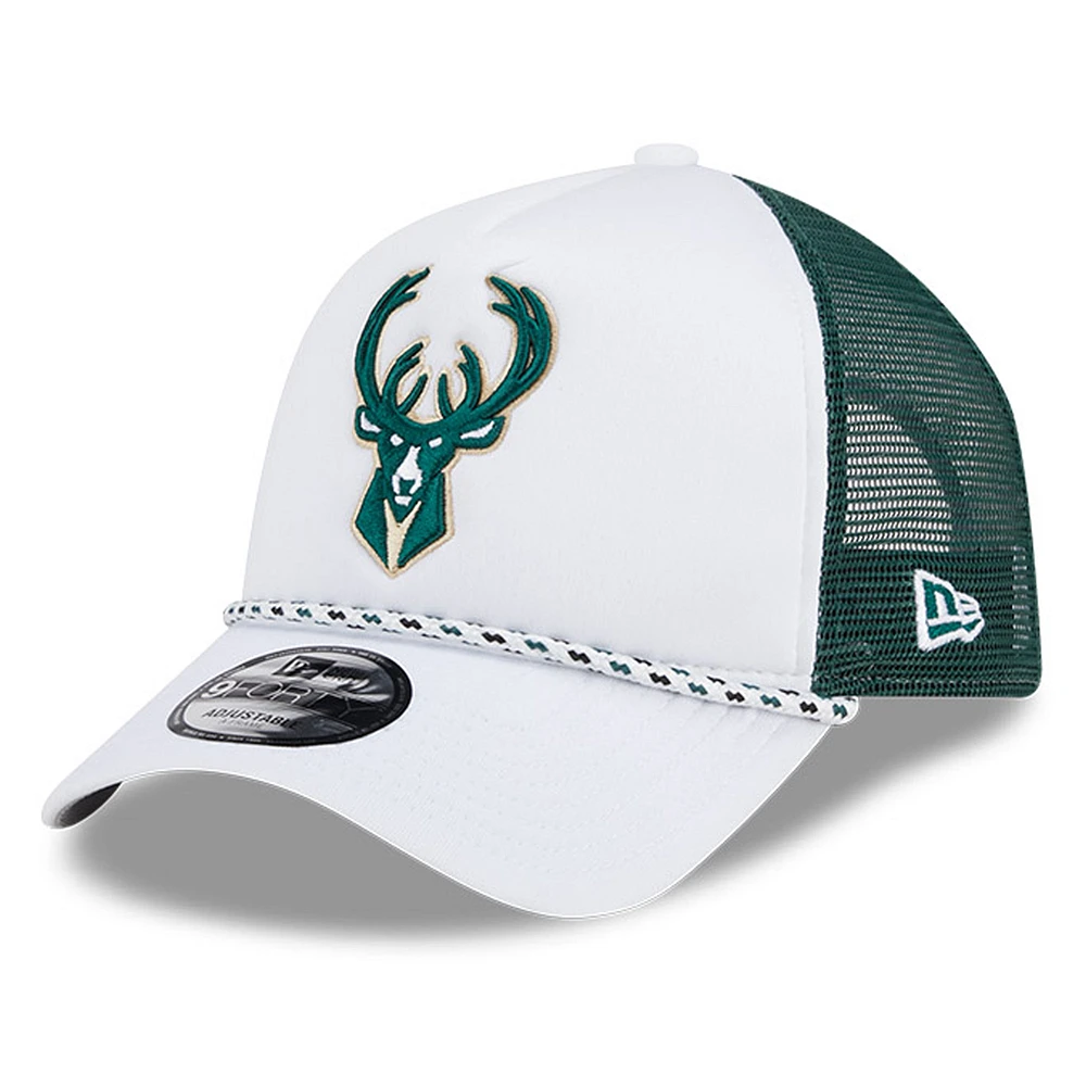 Men's New Era White/Hunter Green Milwaukee Bucks Court Sport Foam A-Frame 9FORTY Adjustable Trucker Hat