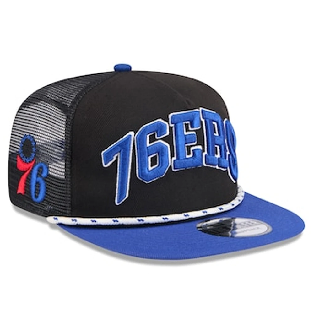 Men's New Era Black/Royal Philadelphia 76ers Throwback Team Arch Golfer Snapback Hat