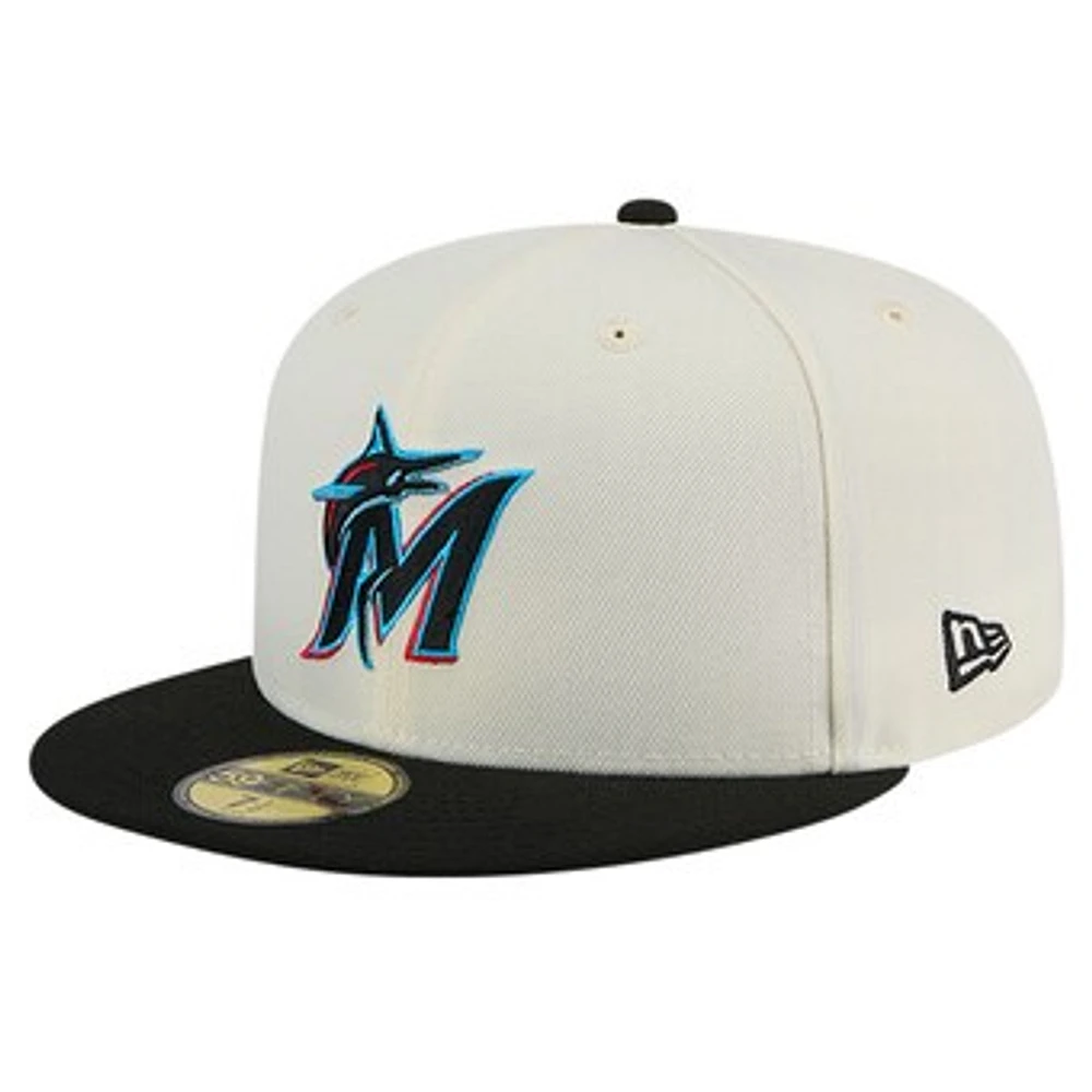 Men's New Era Cream Miami Marlins Evergreen Chrome 59FIFTY Fitted Hat