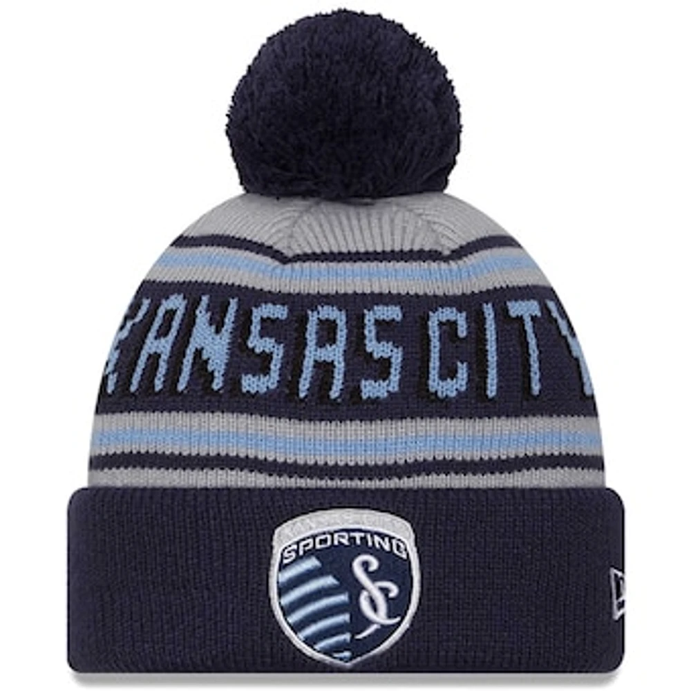 Men's New Era Navy Sporting Kansas City Evergreen Cuffed Knit Hat with Pom