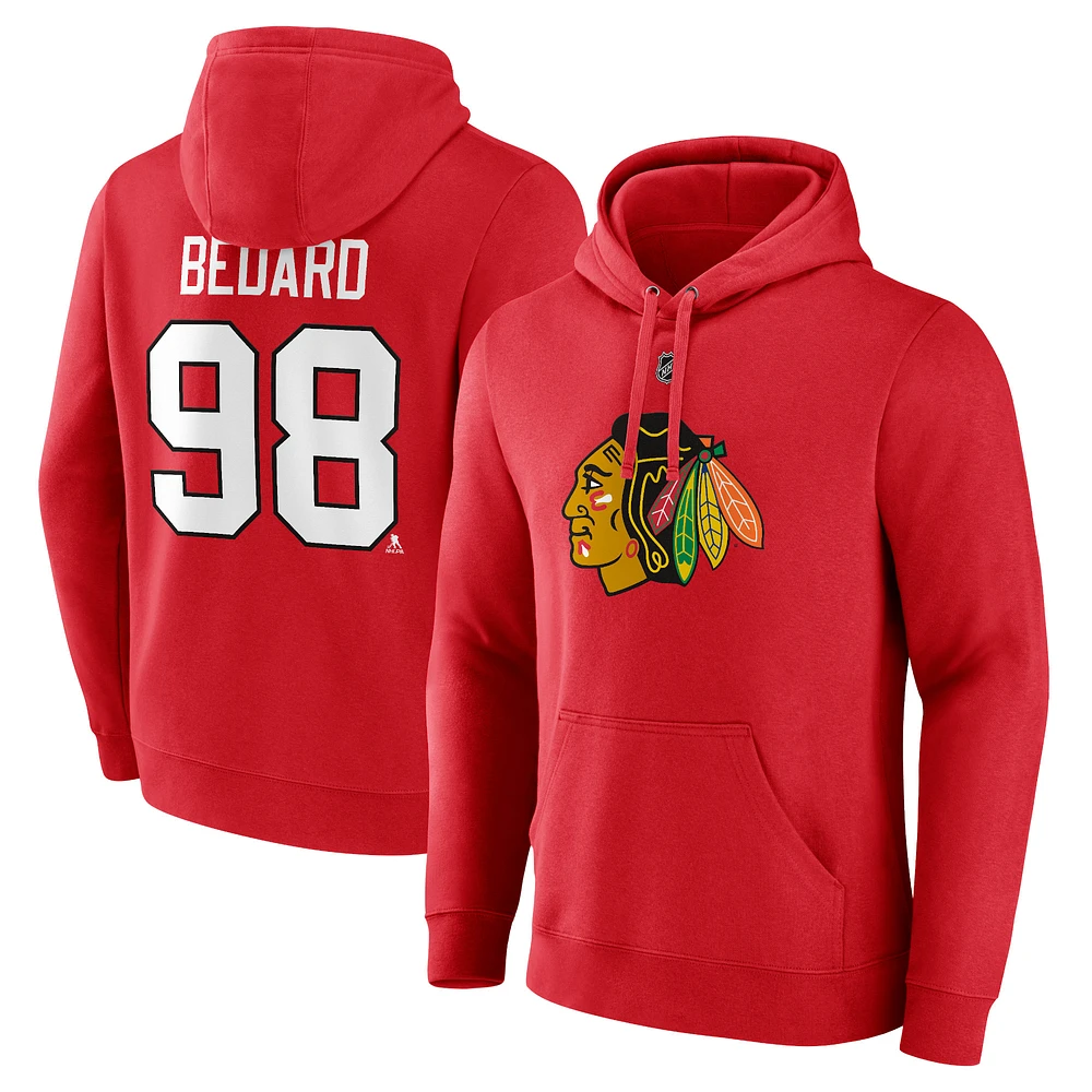 Men's Fanatics Connor Bedard Red Chicago Blackhawks Authentic Stack Name & Number Tri-Blend Pullover Hoodie