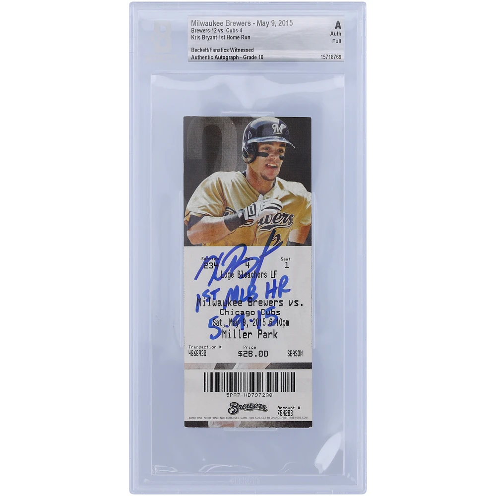Kris Bryant Chicago Cubs Autographed Ticket with "1st MLB HR 5-9-15" Inscription - BAS Authenticated Graded 10