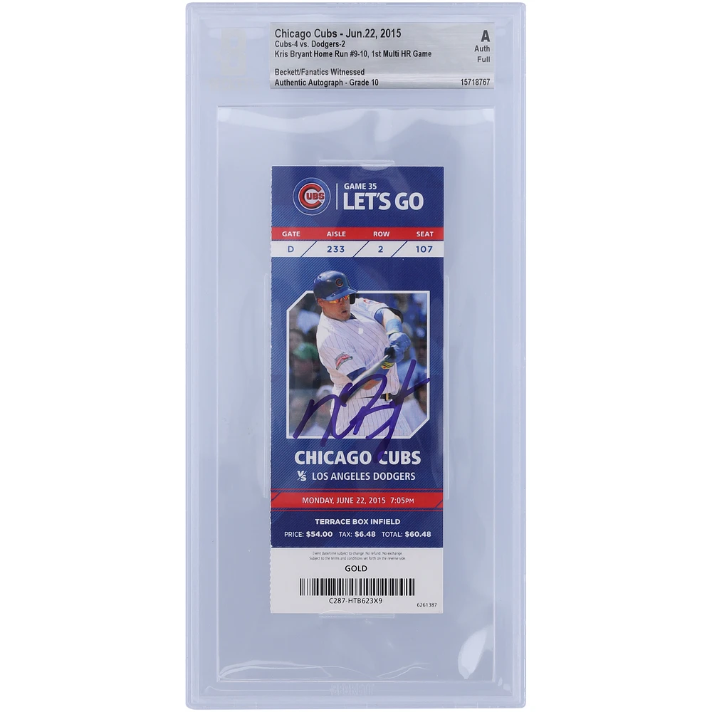 Kris Bryant Chicago Cubs Autographed 1st Multi Home Run Game Ticket - BAS Authenticated Graded 10