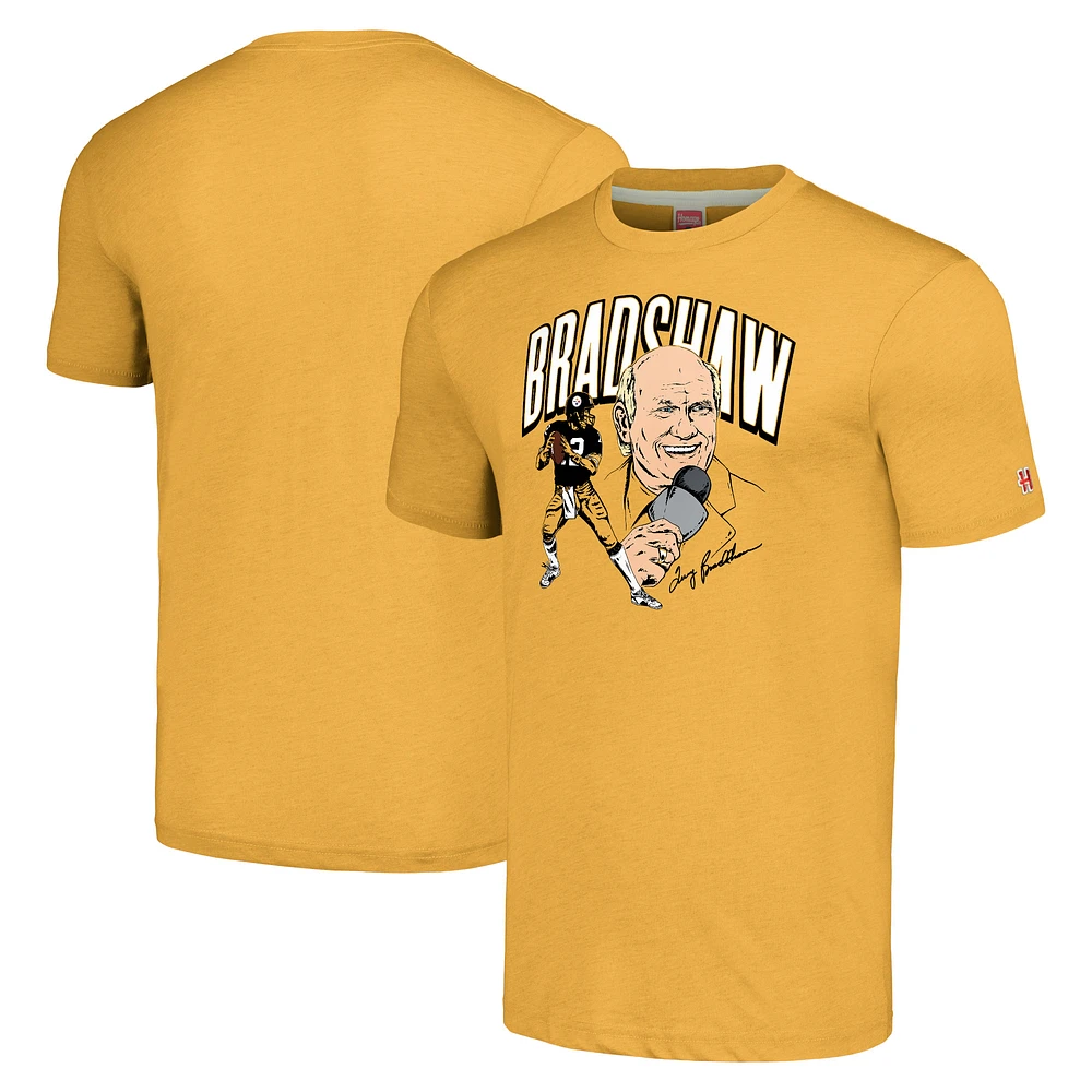 Men's Homage  Terry Bradshaw Heathered Gold Pittsburgh Steelers Caricature Retired Player Tri-Blend T-Shirt