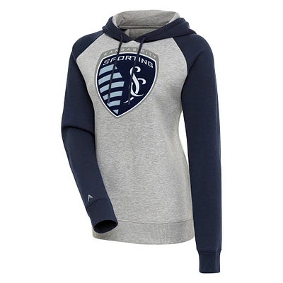 Women's Antigua  Heather Gray Sporting Kansas City Victory Raglan Sleeve Pullover Hoodie