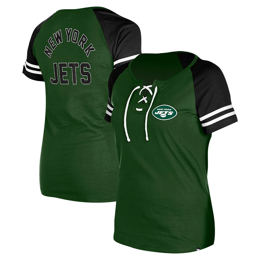 Women's New Era Green York Jets  Lace-Up Raglan T-Shirt