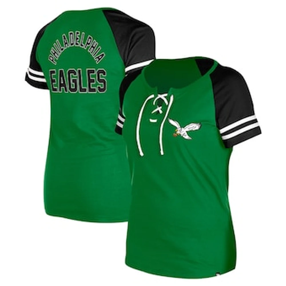 Women's New Era Kelly Green Philadelphia Eagles Throwback Lace-Up Raglan T-Shirt