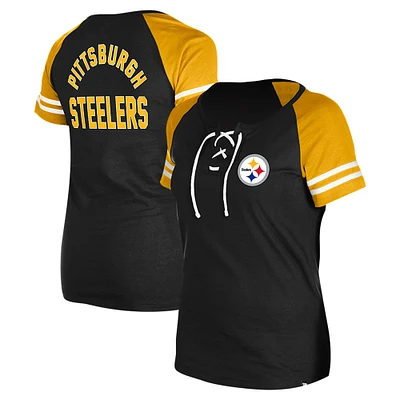 Women's New Era Black Pittsburgh Steelers  Lace-Up Raglan T-Shirt