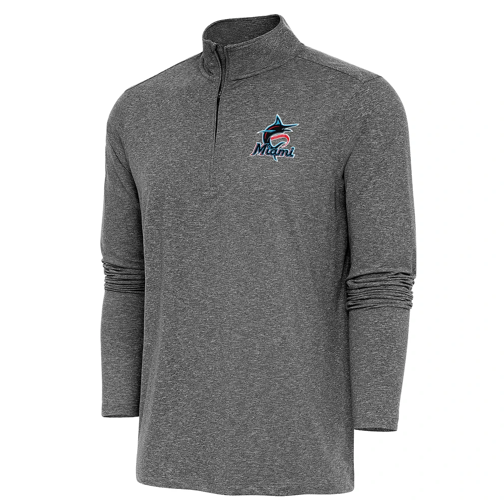 Men's Antigua Heather Black Miami Marlins Hunk Quarter-Zip Pullover Top