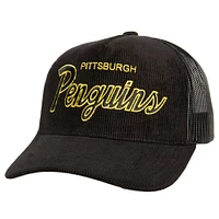 Men's Mitchell & Ness  Black Pittsburgh Penguins Times Up Classic Script Cord Trucker Adjustable Hat