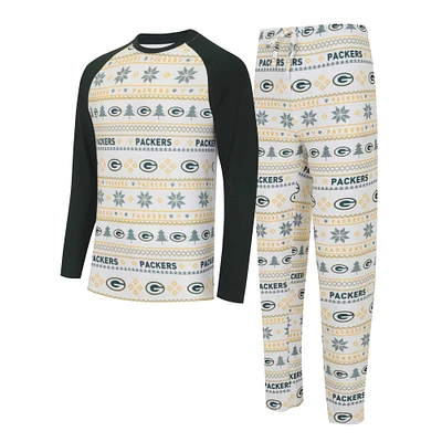 Men's Concepts Sport White/Green Green Bay Packers Tinsel Raglan Long Sleeve Top & Pants Sleep Set