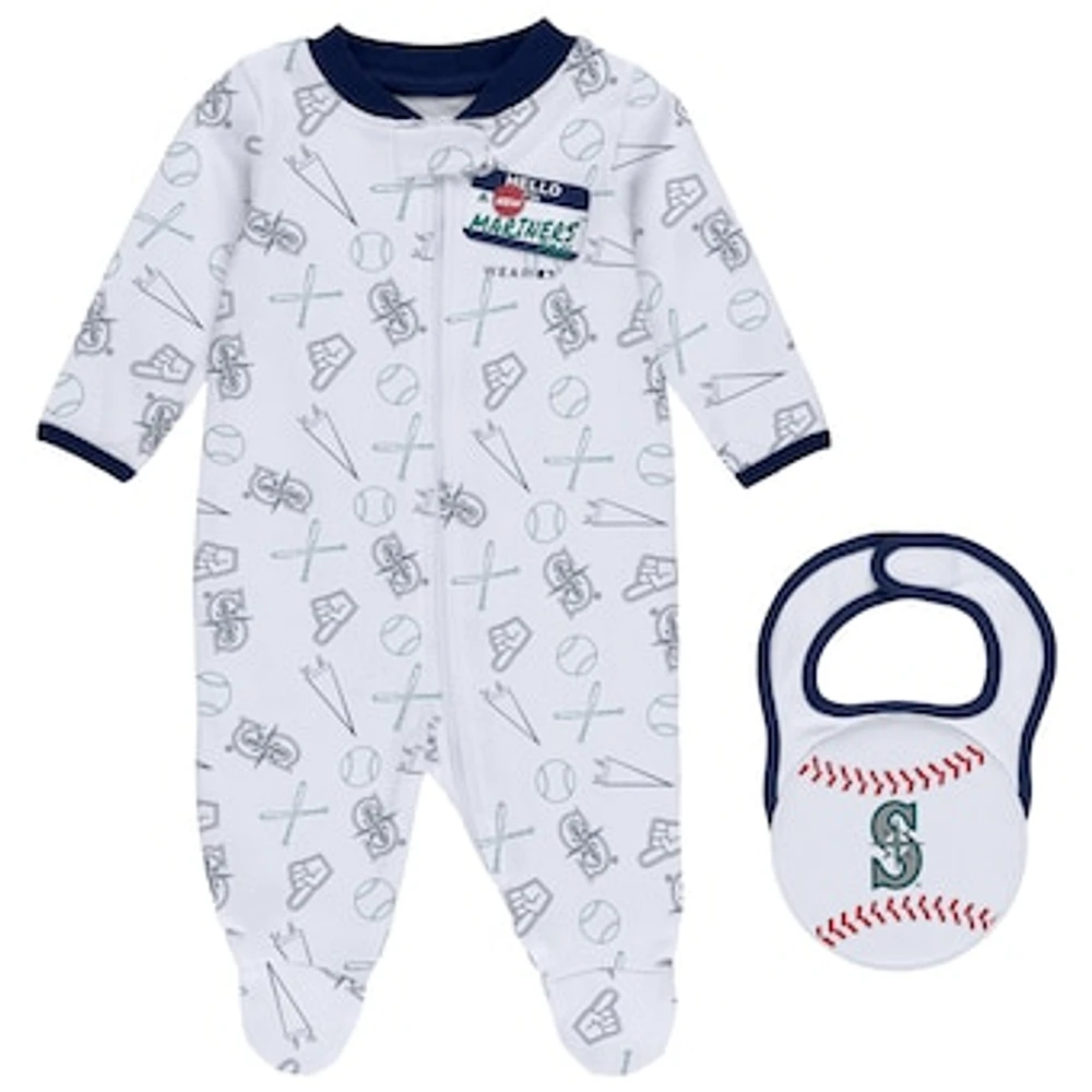 Newborn & Infant WEAR by Erin Andrews White Seattle Mariners Sleep Play Full-Zip Footed Jumper with Bib