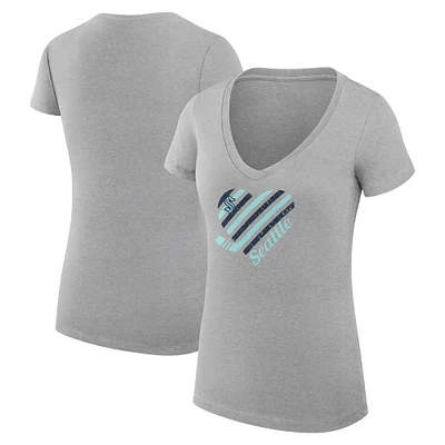 Women's G-III 4Her by Carl Banks Heather Gray Seattle Kraken Heart V-Neck Fitted T-Shirt