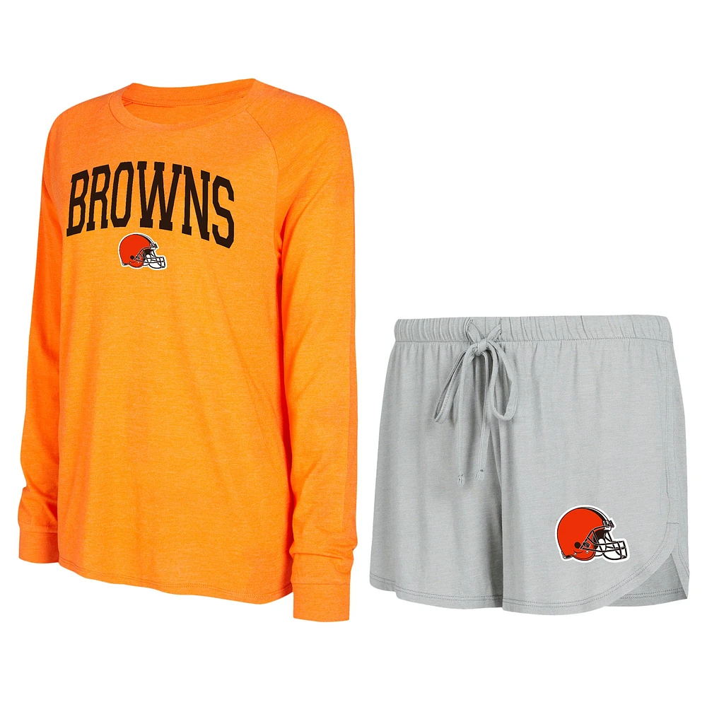 Women's Concepts Sport Gray/Orange Cleveland Browns Raglan Long Sleeve T-Shirt & Shorts Lounge Set