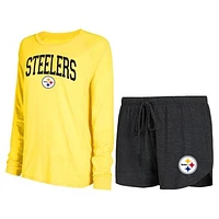 Women's Concepts Sport Black/Gold Pittsburgh Steelers Raglan Long Sleeve T-Shirt & Shorts Lounge Set