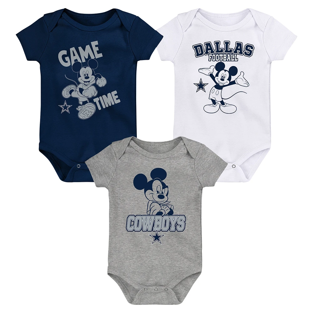 Newborn & Infant Navy/White/Gray Dallas Cowboys Three-Piece Disney Game Time Bodysuit Set