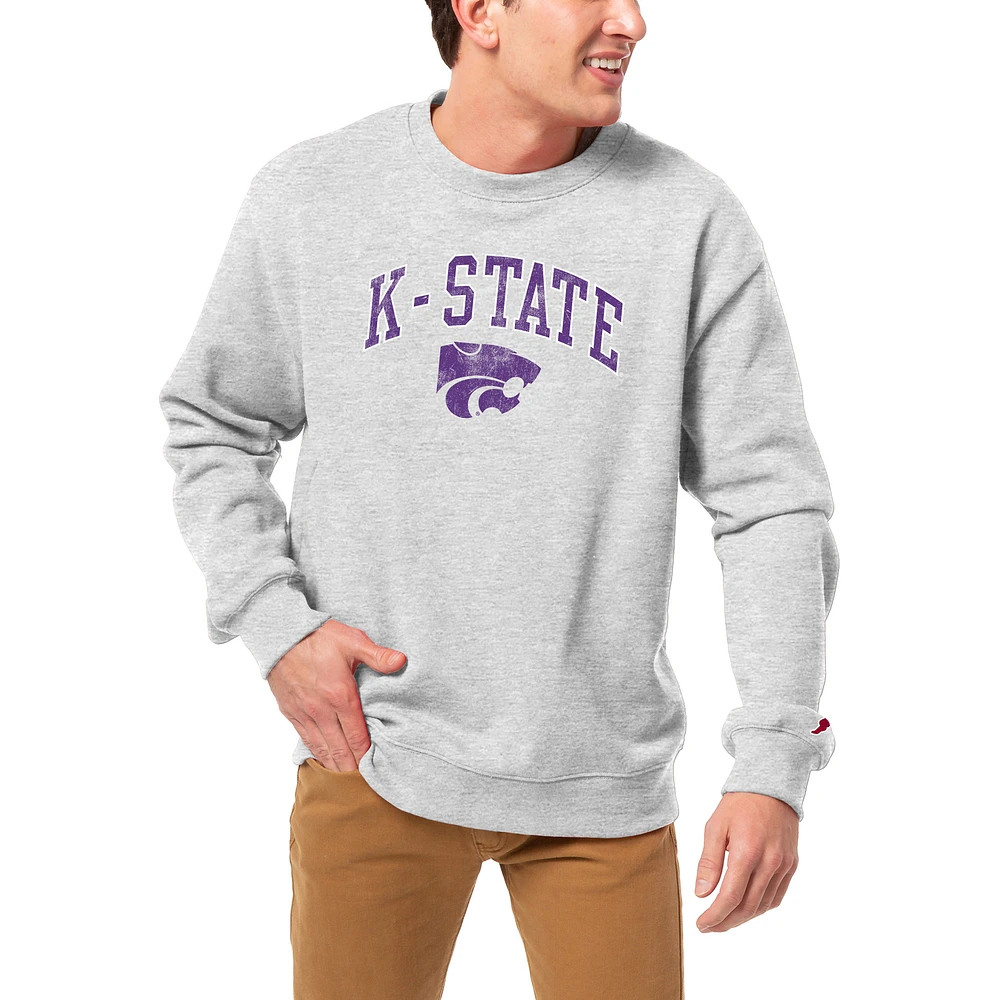 Men's League Collegiate Wear Heather Gray Kansas State Wildcats Distressed Arch Over Logo Lightweight Essential Fleece Pullover Sweatshirt