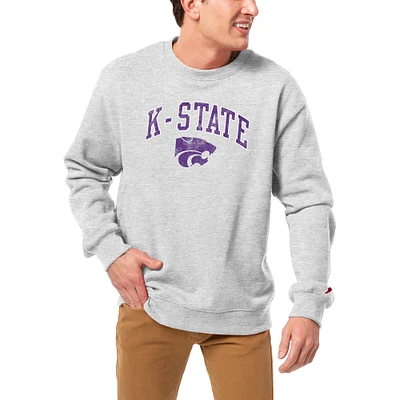 Men's League Collegiate Wear  Heather Gray Kansas State Wildcats  Distressed Arch Over Logo Lightweight Essential Fleece Pullover Sweatshirt