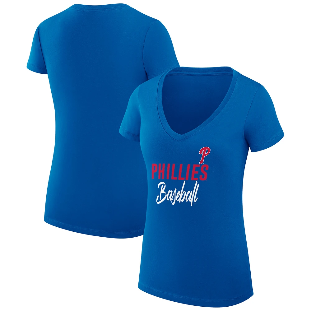 Women's G-III 4Her by Carl Banks Royal Philadelphia Phillies Team Graphic V-Neck Fitted T-Shirt