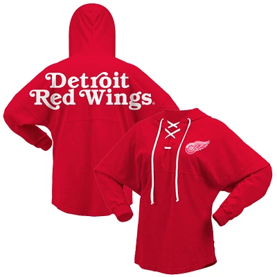 Women's Fanatics Red Detroit Wings Jersey Lace-Up V-Neck Long Sleeve Hoodie T-Shirt