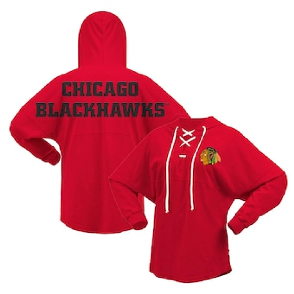 Women's Fanatics Red Chicago Blackhawks Jersey Lace-Up V-Neck Long Sleeve Hoodie T-Shirt