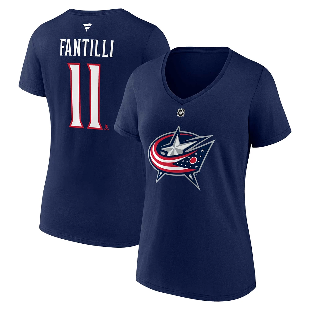 Women's Fanatics Adam Fantilli Navy Columbus Blue Jackets Authentic Stack Name & Number V-Neck T-Shirt