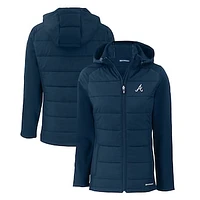 Women's Cutter & Buck Navy Atlanta Braves Evoke Hybrid Eco Softshell Recycled Full-Zip Hoodie Jacket