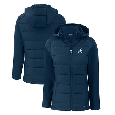 Women's Cutter & Buck Navy Atlanta Braves Evoke Hybrid Eco Softshell Recycled Full-Zip Hoodie Jacket