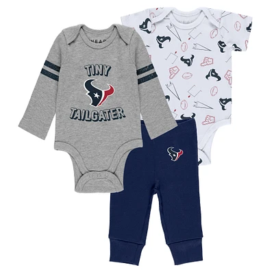 Newborn & Infant WEAR by Erin Andrews Gray/Navy/White Houston Texans Three-Piece Turn Me Around Bodysuits Pant Set