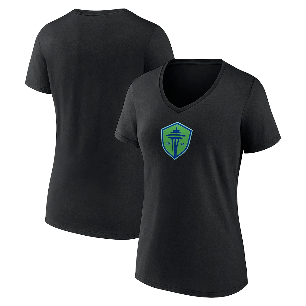 Women's Fanatics Black Seattle Sounders FC Primary Logo V-Neck T-Shirt