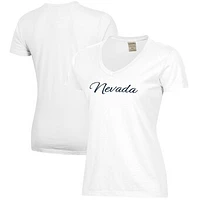Women's  White Nevada Wolf Pack Script Logo Comfort Wash V-Neck T-Shirt