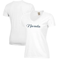 Women's  White Nevada Wolf Pack Script Logo Comfort Wash V-Neck T-Shirt
