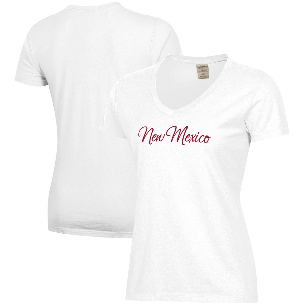 Women's White New Mexico Lobos Script Logo Comfort Wash V-Neck T-Shirt