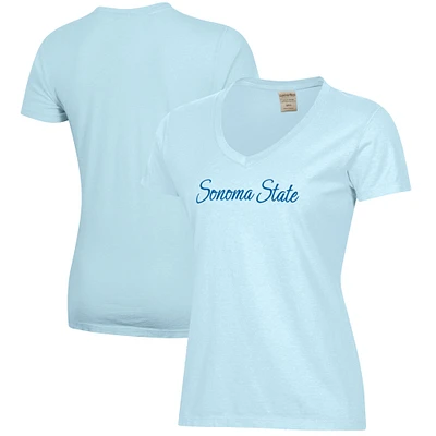 Women's  Light Blue Sonoma State Seawolves Script Logo Comfort Wash V-Neck T-Shirt