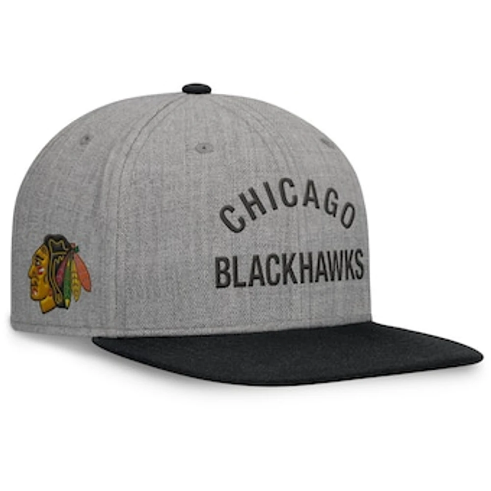 Men's Fanatics Heather Gray Chicago Blackhawks Elements Flat Brim Leather Strapback Hat