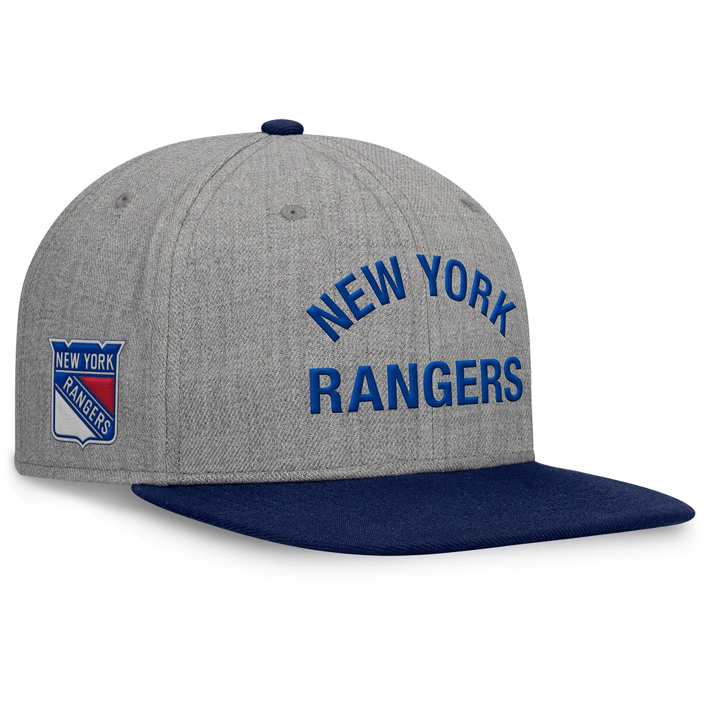 Men's Fanatics Heather Gray New York Rangers Elements Flat Brim Leather Strapback Hat