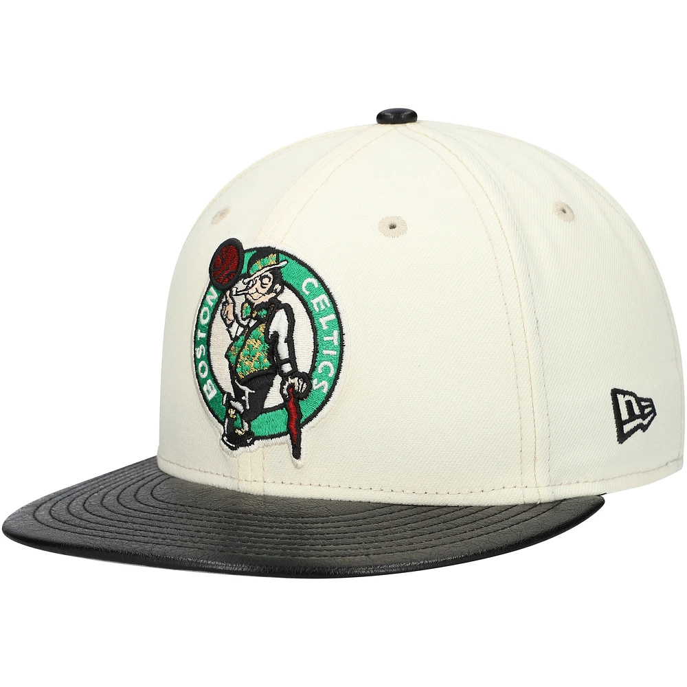 Men's New Era White/Black Boston Celtics Faux Leather Visor Two-Tone 59FIFTY Fitted Hat