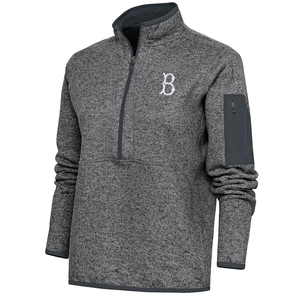 Women's Antigua Heather Gray Brooklyn Dodgers Cooperstown Logo Fortune Quarter-Zip Pullover Jacket