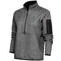 Women's Antigua  Heather Black Florida Marlins Cooperstown Logo Fortune Quarter-Zip Pullover Jacket