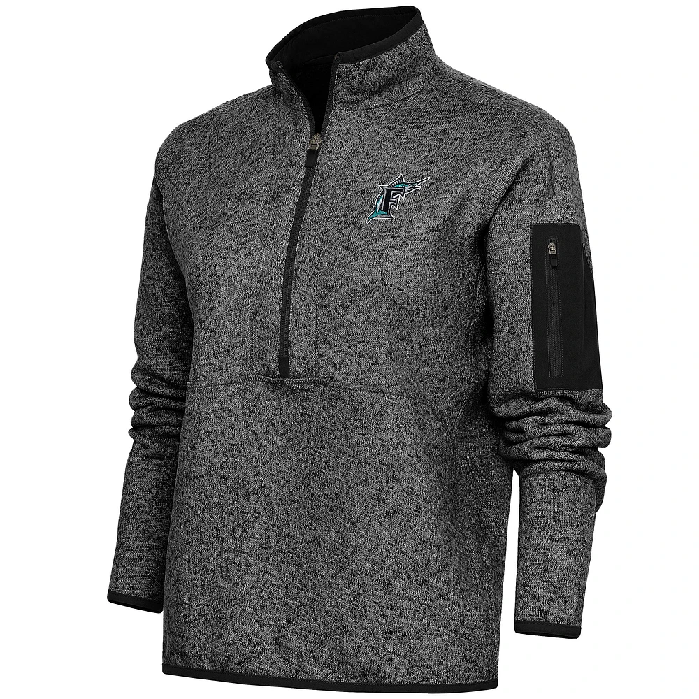 Women's Antigua Heather Black Florida Marlins Cooperstown Logo Fortune Quarter-Zip Pullover Jacket