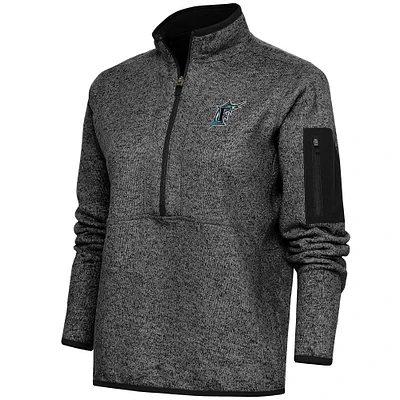 Women's Antigua  Heather Black Florida Marlins Cooperstown Logo Fortune Quarter-Zip Pullover Jacket