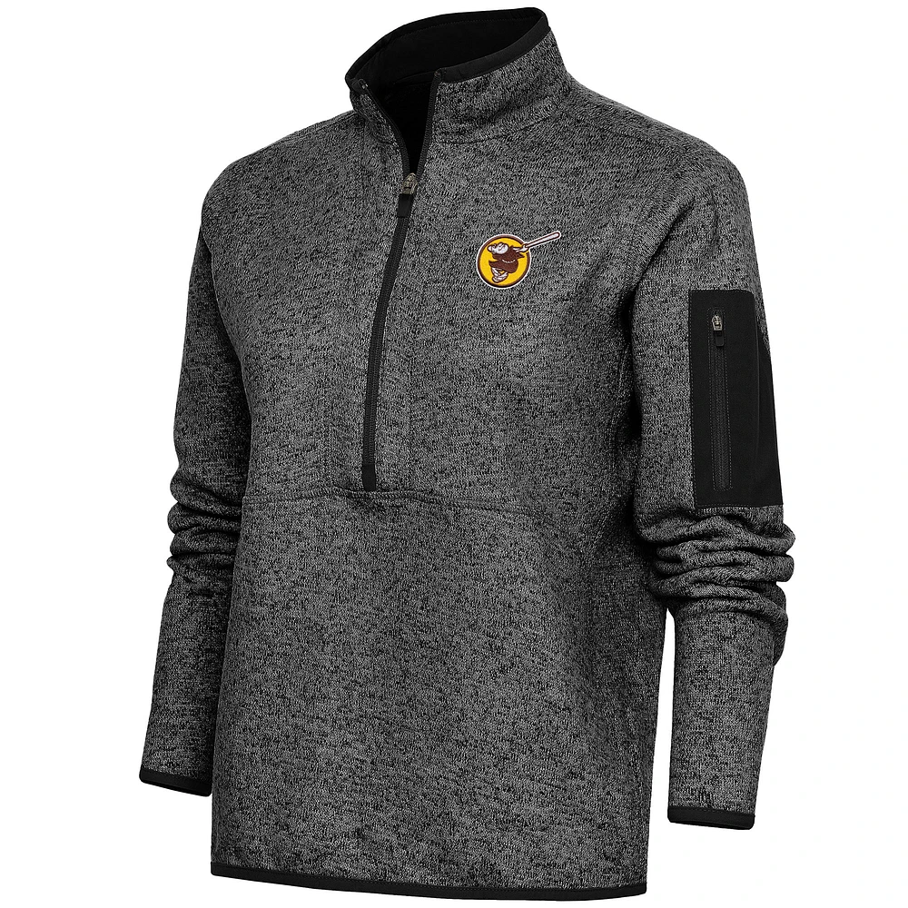 Women's Antigua Heather Black San Diego Padres Cooperstown Logo Fortune Quarter-Zip Pullover Jacket