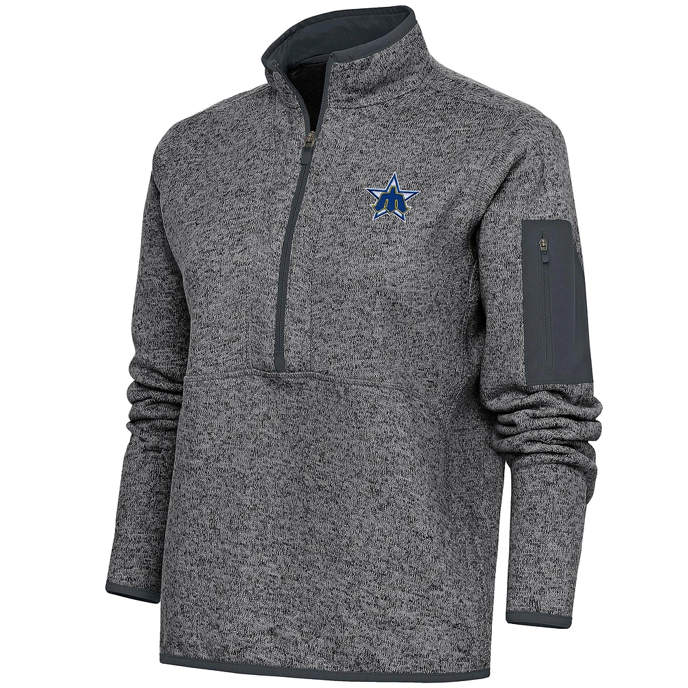 Women's Antigua Heather Gray Seattle Mariners Cooperstown Logo Fortune Quarter-Zip Pullover Jacket