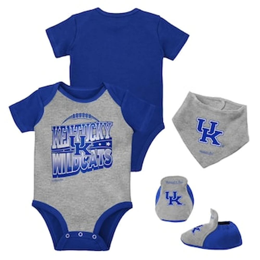 Infant Mitchell & Ness Royal/Heather Gray Kentucky Wildcats 3-Pack Bodysuit, Bib and Bootie Set