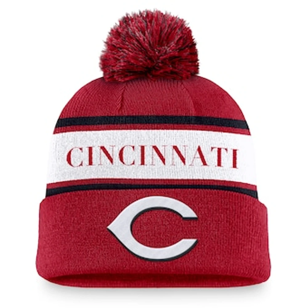 Men's Nike Red Cincinnati Reds Team Stripe Peak Cuffed Knit Hat with Pom