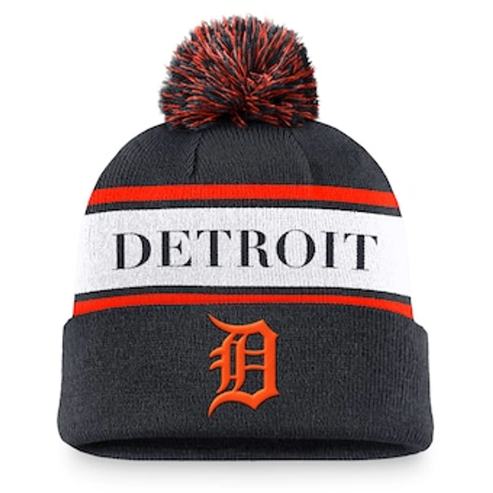 Men's Nike Navy Detroit Tigers Team Stripe Peak Cuffed Knit Hat with Pom