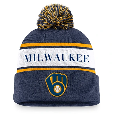 Men's Nike Navy Milwaukee Brewers Team Stripe Peak Cuffed Knit Hat with Pom