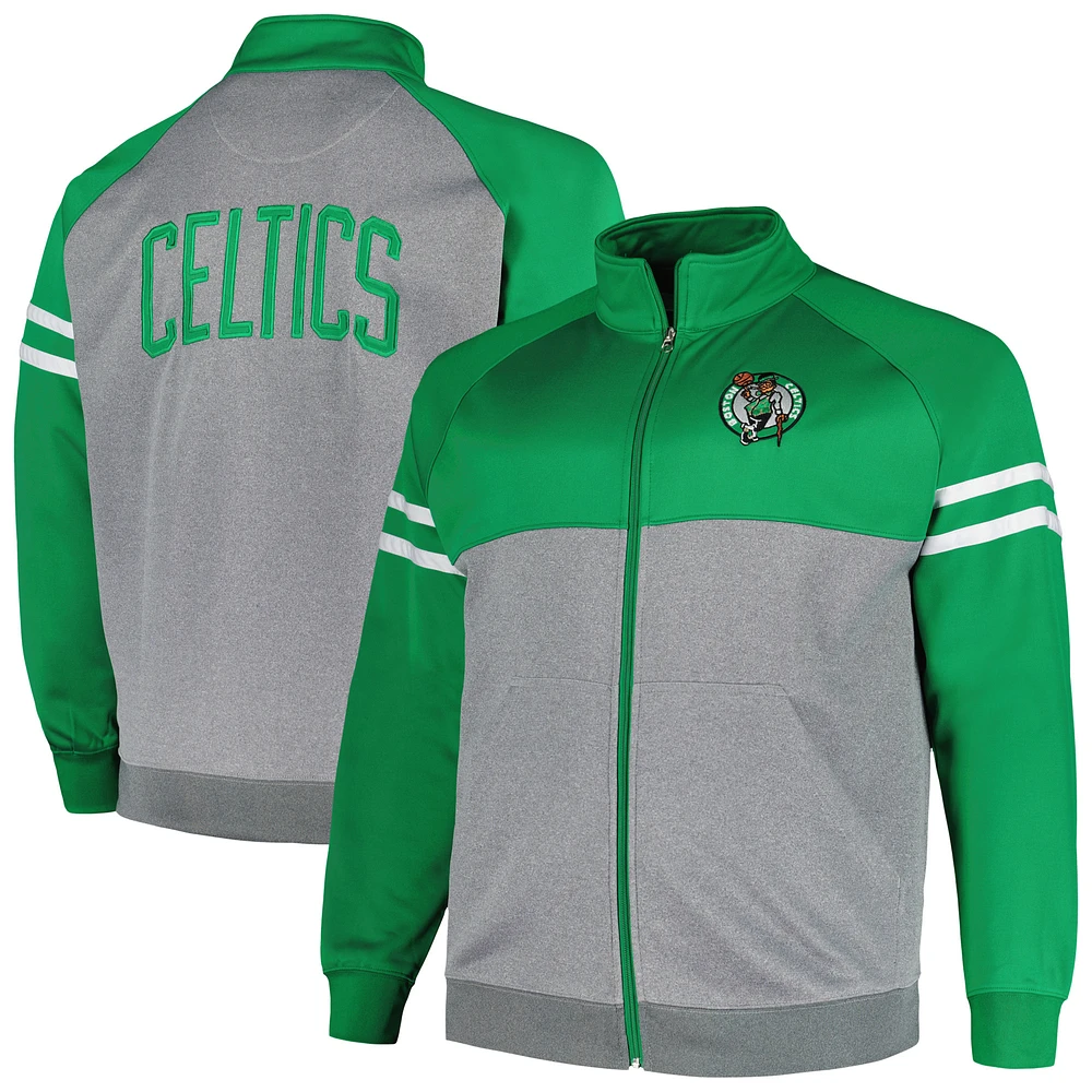 Men's Fanatics Kelly Green/Heather Gray Boston Celtics Big & Tall Pieced Stripe Raglan Full-Zip Track Jacket