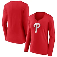 Women's Fanatics Red Philadelphia Phillies Official Logo V-Neck Long Sleeve T-Shirt