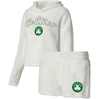 Women's College Concepts Cream Boston Celtics Fluffy Long Sleeve Hoodie T-Shirt & Shorts Sleep Set